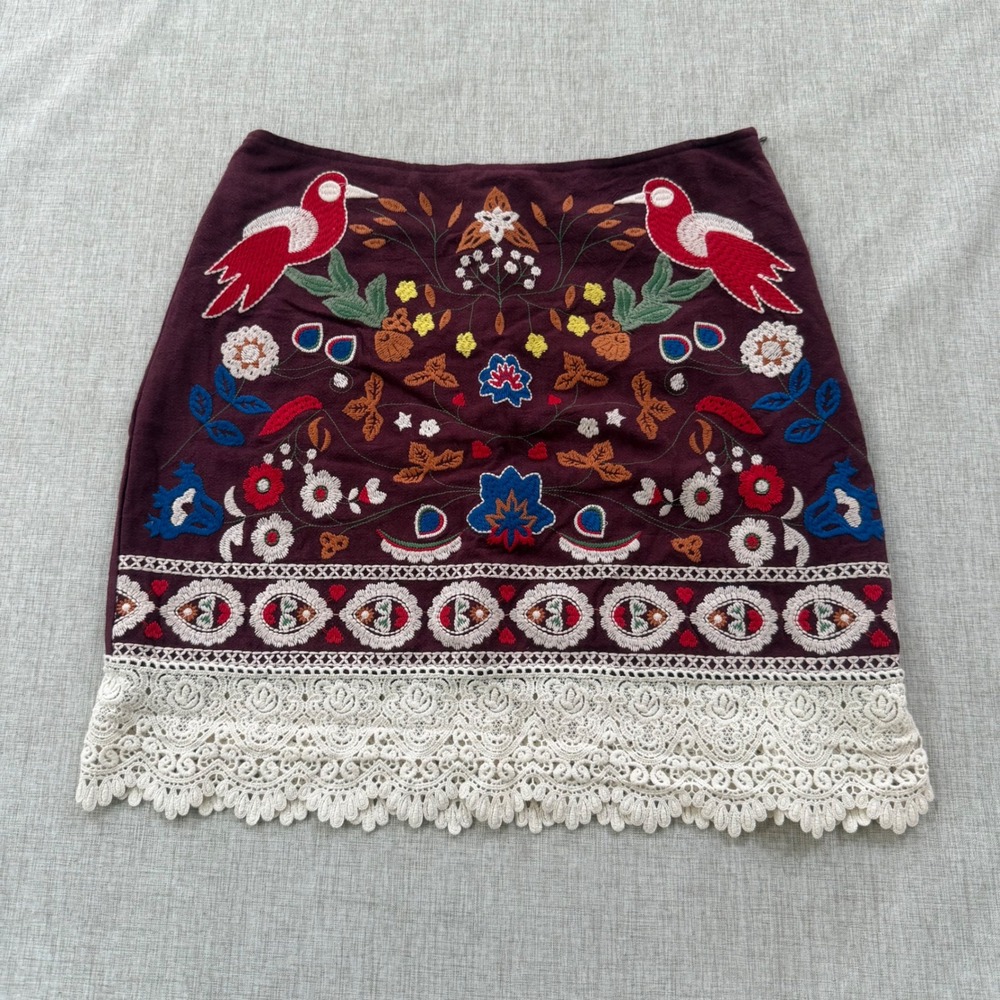 Umgee Mini Skirt Women's medium Twee Embroidered Boho Eyelet Lace Trim
